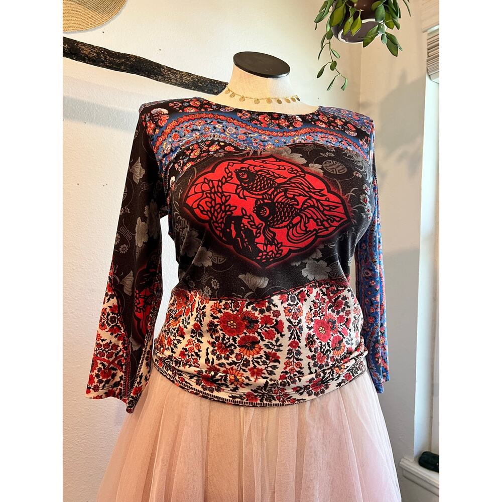 Y2K Fish Print Embellished Gem Printed Long Sleeve Shirt Size Large Bellissima